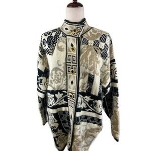 Vintage Carducci Cardigan 80s Sweater Tapestry Pattern Knit Gold Buttons  Large